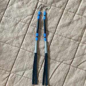 7” long leather tassel earrings // silver blue black